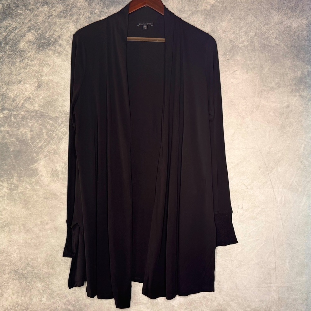 Eileen Fisher Black Silk Open Front Airy Cardigan Large